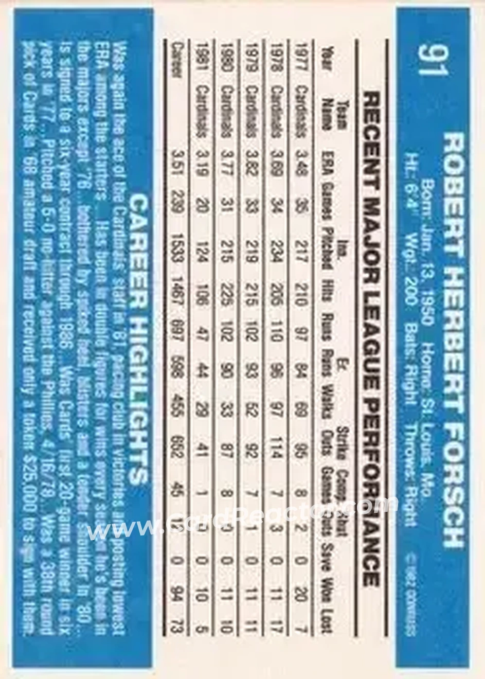 1982 Donruss #91 - Bob Forsch - St. Louis Cardinals - Back