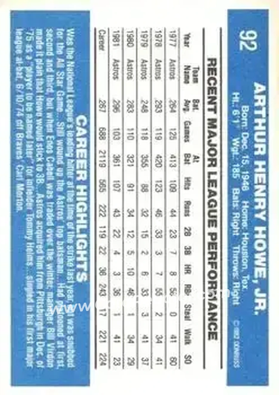 1982 Donruss #92 - Art Howe - Houston Astros - Back