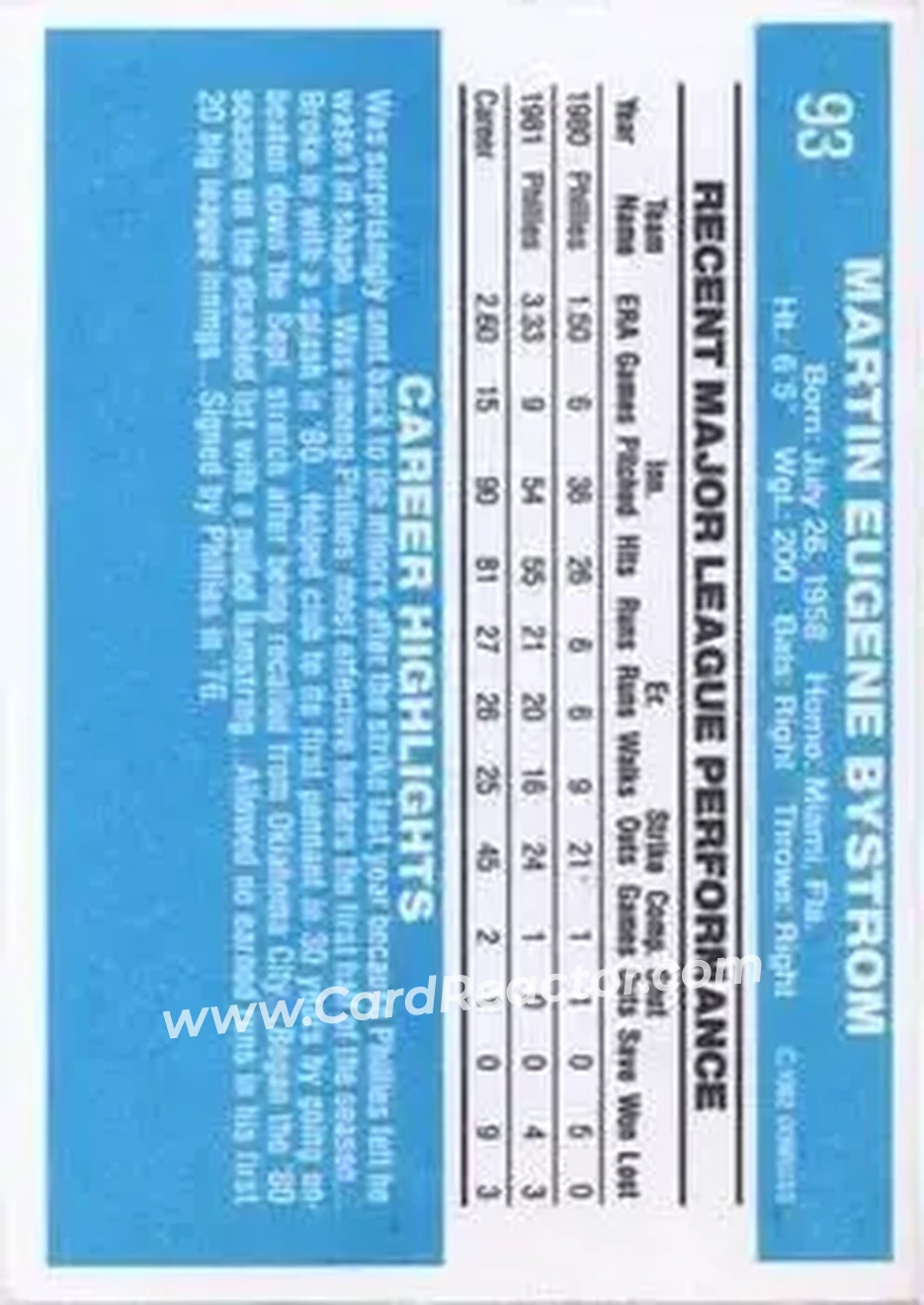 1982 Donruss #93 - Marty Bystrom - Philadelphia Phillies - Back 1982 Donruss #93 - Marty Bystrom - Philadelphia Phillies - Back