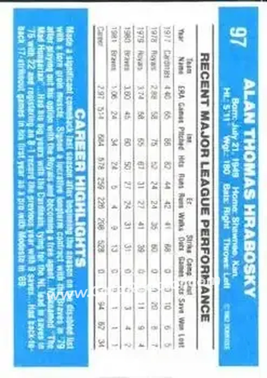 1982 Donruss #97 - Al Hrabosky - Atlanta Braves - Back