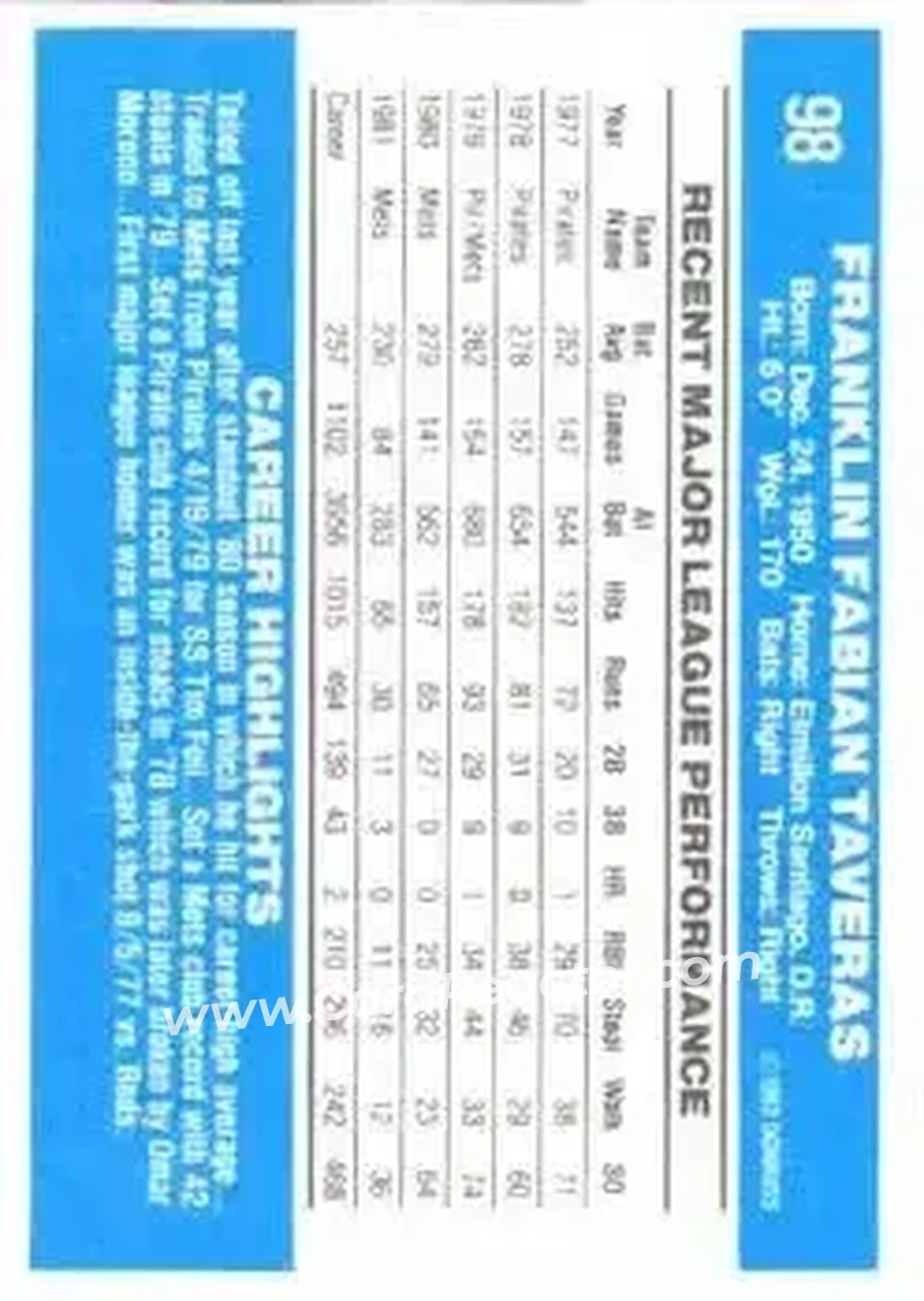 1982 Donruss #98 - Frank Taveras - New York Mets - Back 1982 Donruss #98 - Frank Taveras - New York Mets - Back