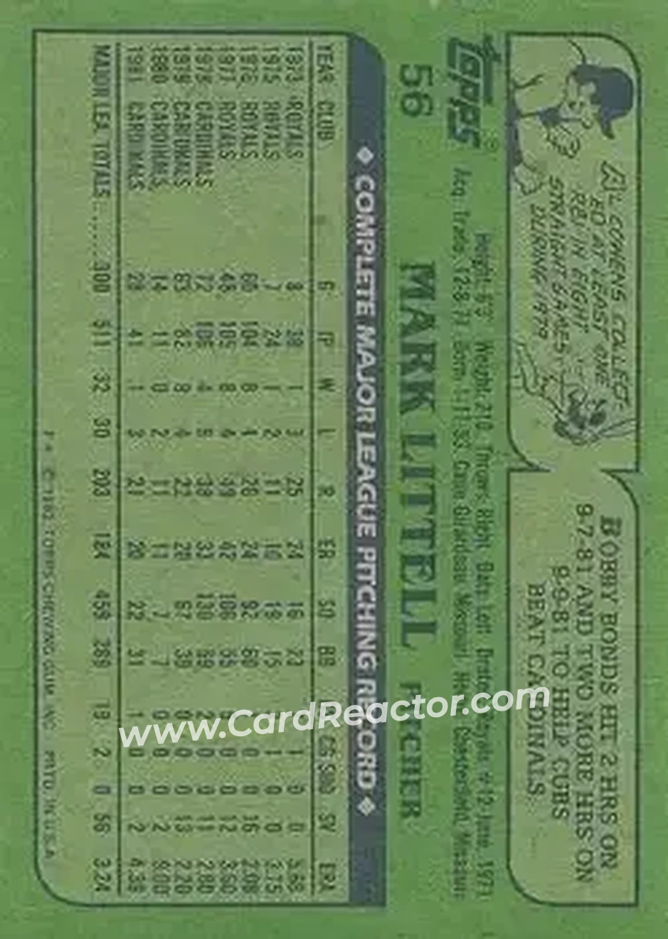 1982 Topps #56 - Mark Littell - St. Louis Cardinals - Back