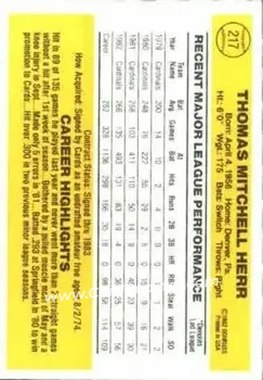 1983 Donruss #217 - Tom Herr - St. Louis Cardinals - Back