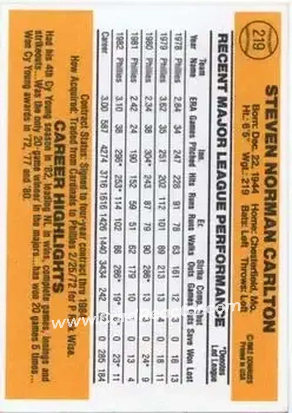 1983 Donruss #219 - Steve Carlton - Philadelphia Phillies - Back