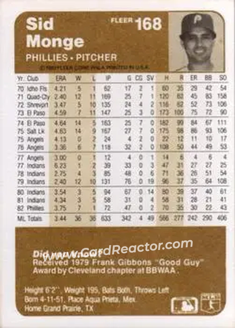 1983 Fleer #168 - Sid Monge - Philadelphia Phillies - Back