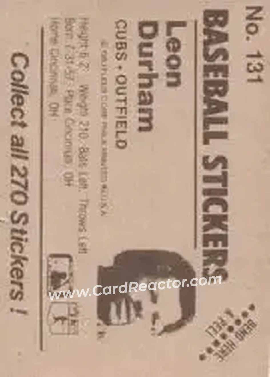 1983 Fleer Star Stickers #131 - Leon Durham - Chicago Cubs - Back 1983 Fleer Star Stickers #131 - Leon Durham - Chicago Cubs - Back
