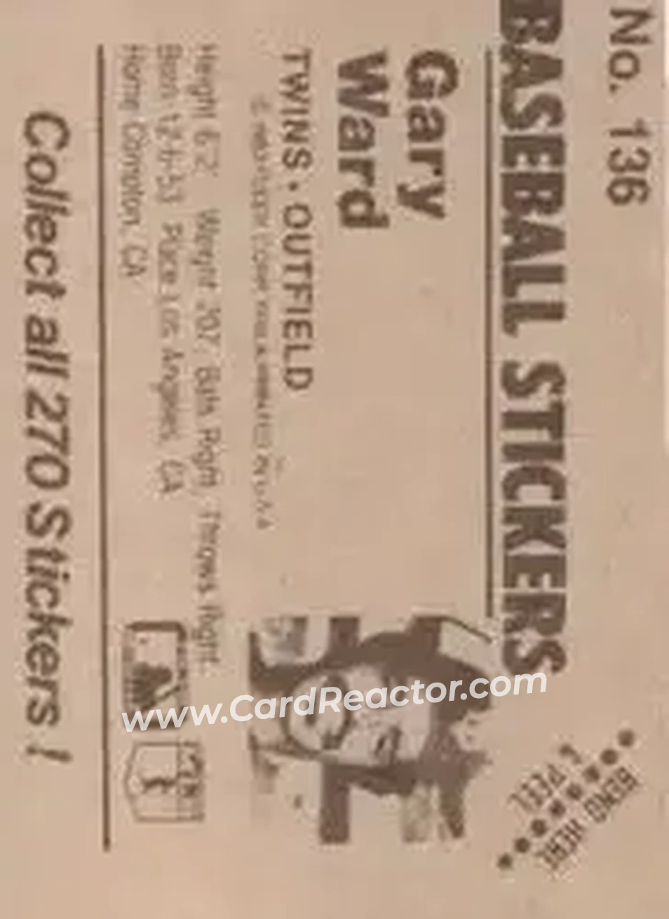 1983 Fleer Star Stickers #136 - Gary Ward - Minnesota Twins - Back 1983 Fleer Star Stickers #136 - Gary Ward - Minnesota Twins - Back