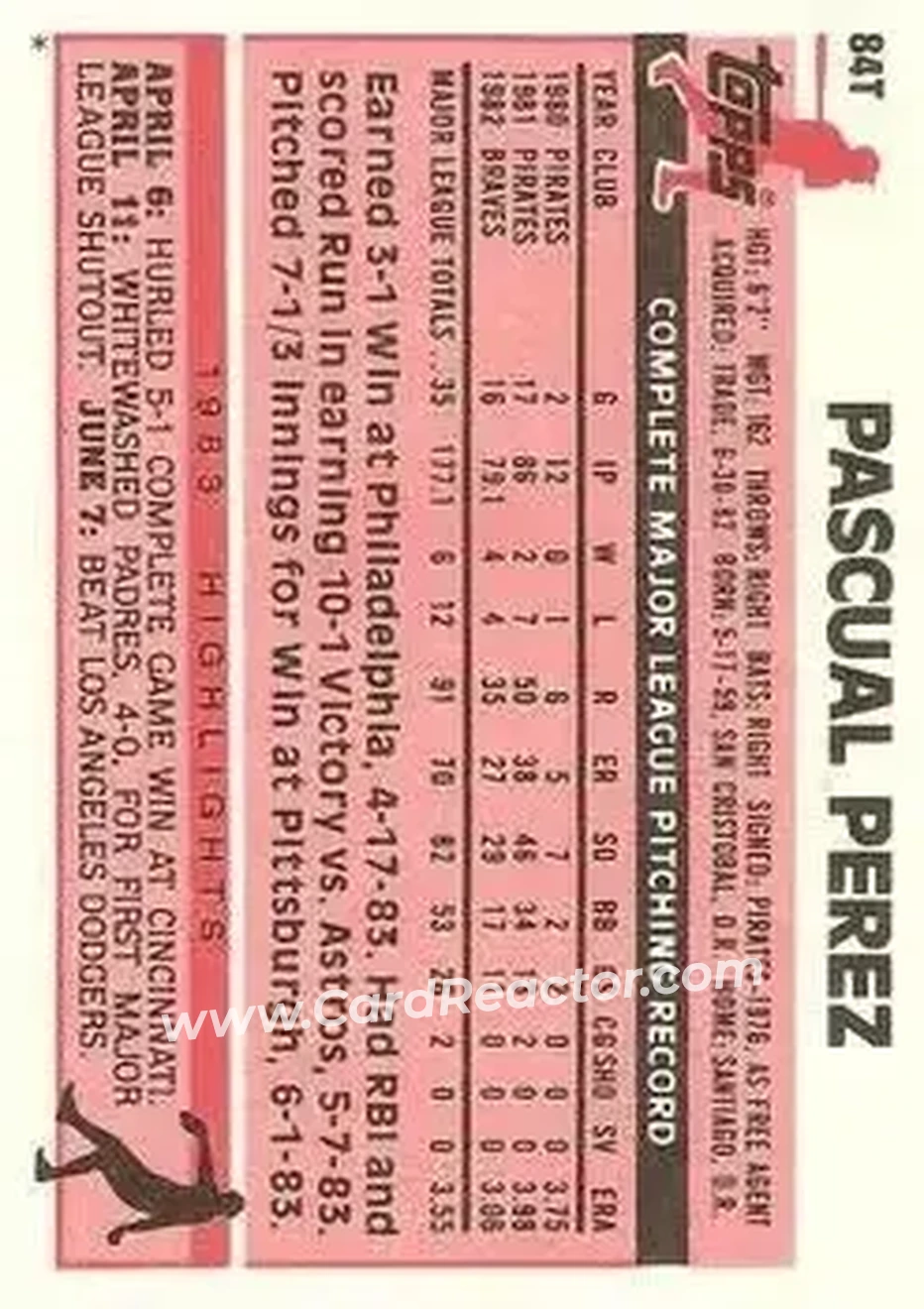1983 Topps Traded #84T - Pascual Perez - Atlanta Braves - Back