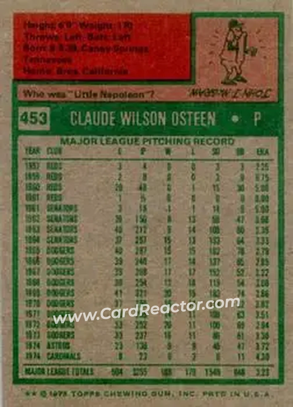 1975 Topps #453 - Claude Osteen - St. Louis Cardinals - Back