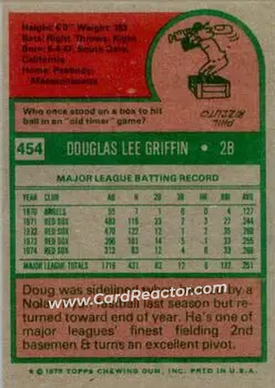 1975 Topps #454 - Doug Griffin - Boston Red Sox - Back 1975 Topps #454 - Doug Griffin - Boston Red Sox - Back