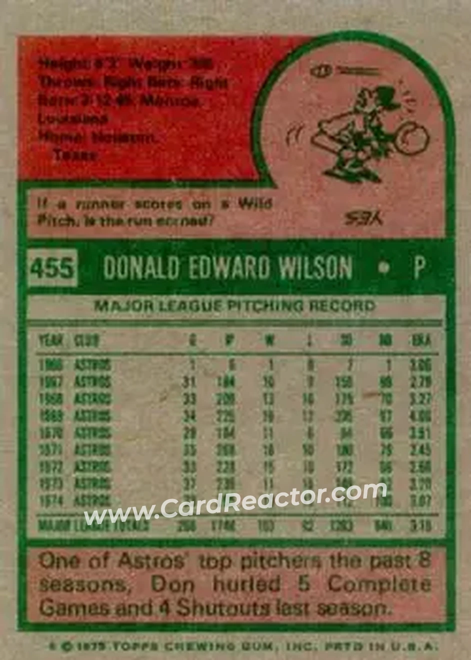 1975 Topps #455 - Don Wilson - Houston Astros - Back