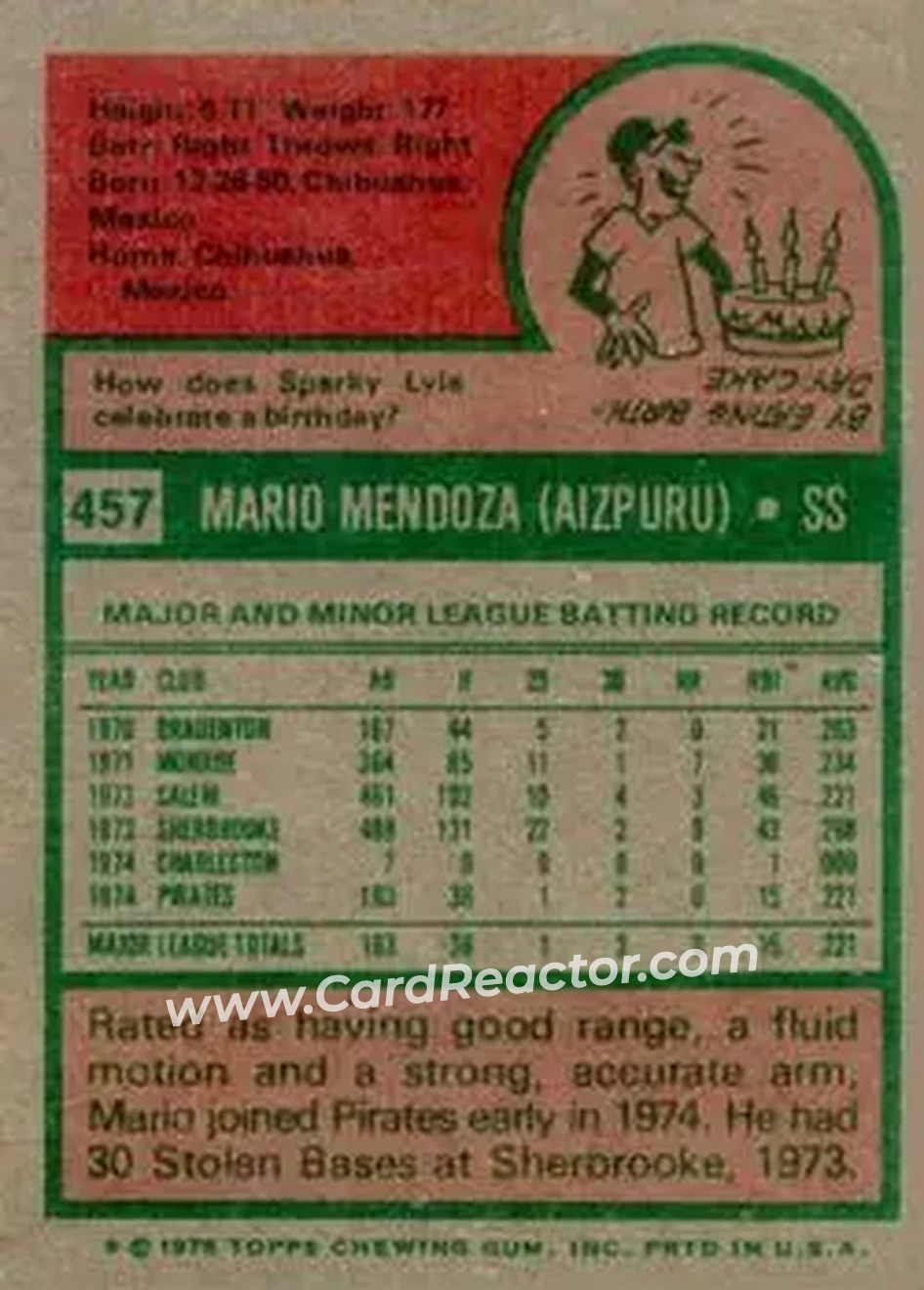 1975 Topps #457 - Mario Mendoza - Pittsburgh Pirates - Back 1975 Topps #457 - Mario Mendoza - Pittsburgh Pirates - Back