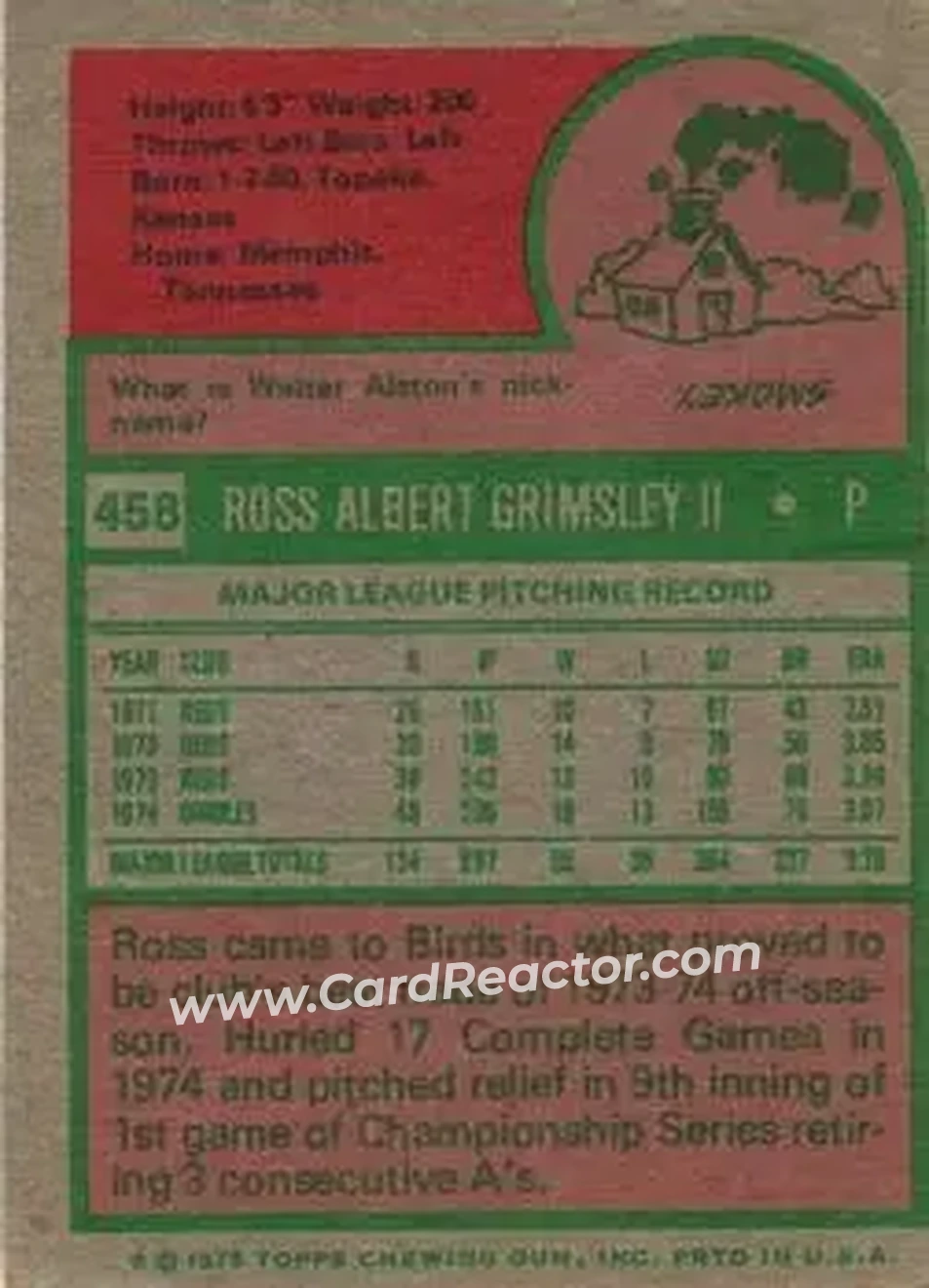 1975 Topps #458 - Ross Grimsley - Baltimore Orioles - Back