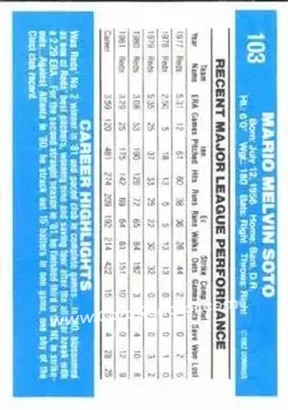 1982 Donruss #103 - Mario Soto - Cincinnati Reds - Back 1982 Donruss #103 - Mario Soto - Cincinnati Reds - Back
