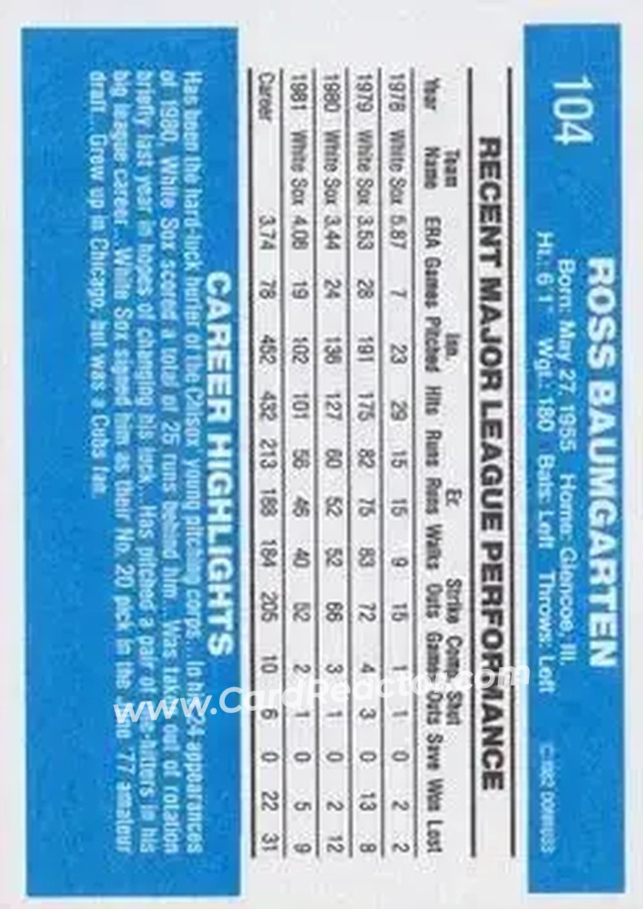 1982 Donruss #104 - Ross Baumgarten - Chicago White Sox - Back