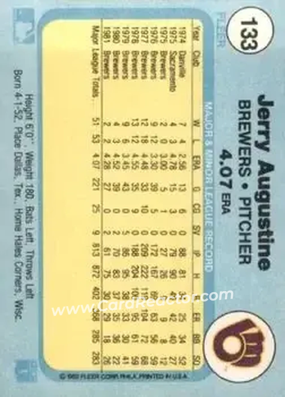 1982 Fleer #133 - Jerry Augustine - Milwaukee Brewers - Back