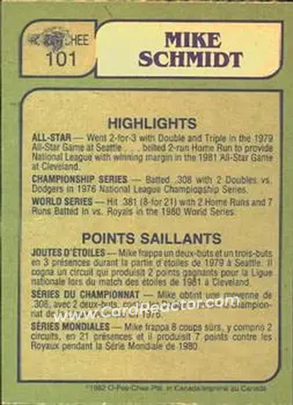 1982 O-Pee-Chee #101 - Mike Schmidt - Philadelphia Phillies - Back