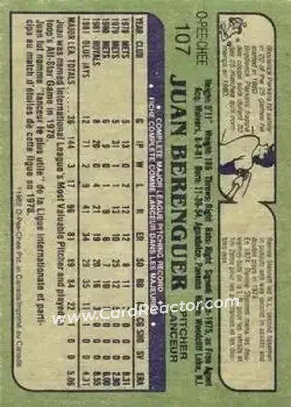 1982 O-Pee-Chee #107 - Juan Berenguer - Toronto Blue Jays - Back