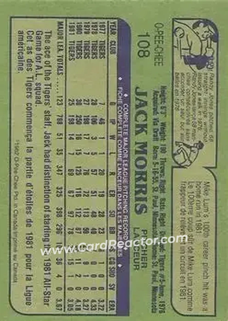 1982 O-Pee-Chee #108 - Jack Morris - Detroit Tigers - Back 1982 O-Pee-Chee #108 - Jack Morris - Detroit Tigers - Back