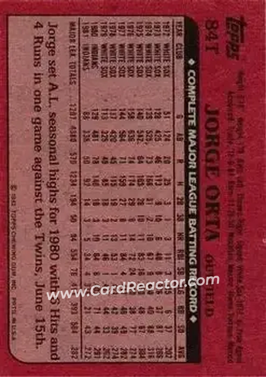 1982 Topps Traded #84T - Jorge Orta - Los Angeles Dodgers - Back