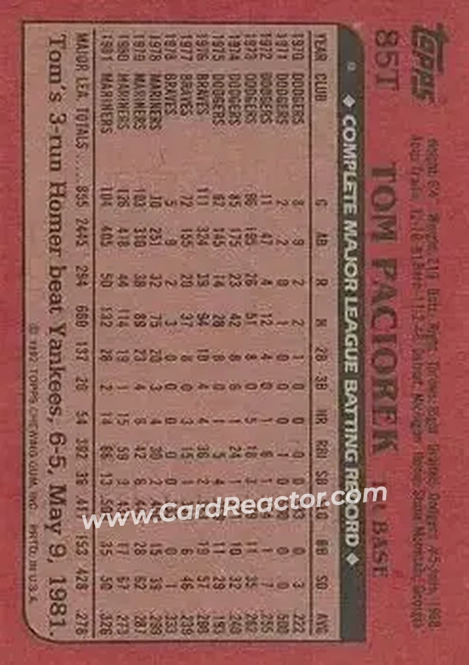 1982 Topps Traded #85T - Tom Paciorek - Chicago White Sox - Back 1982 Topps Traded #85T - Tom Paciorek - Chicago White Sox - Back