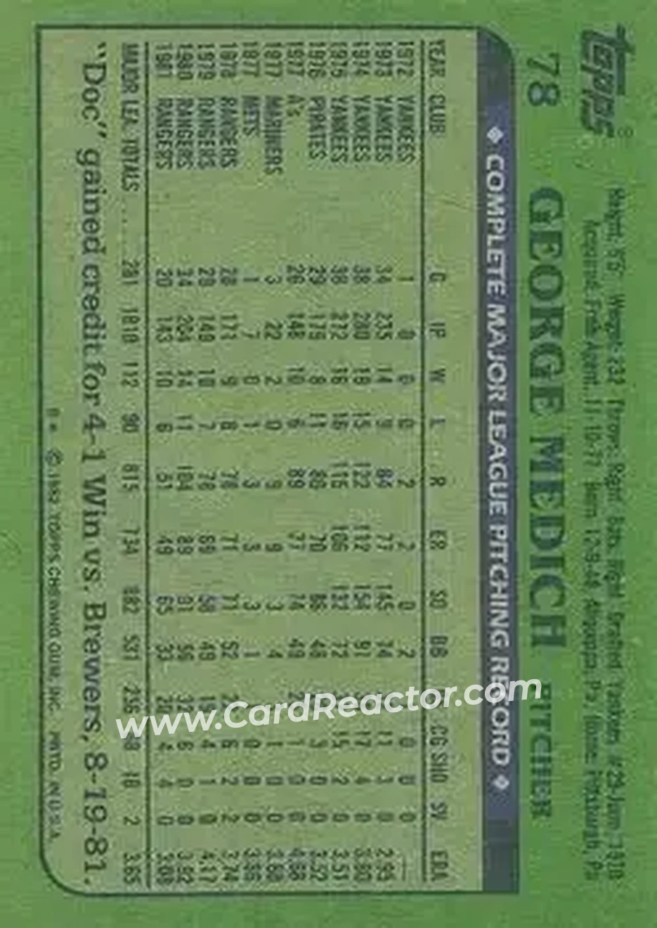 1982 Topps #78 - George Medich - Texas Rangers - Back