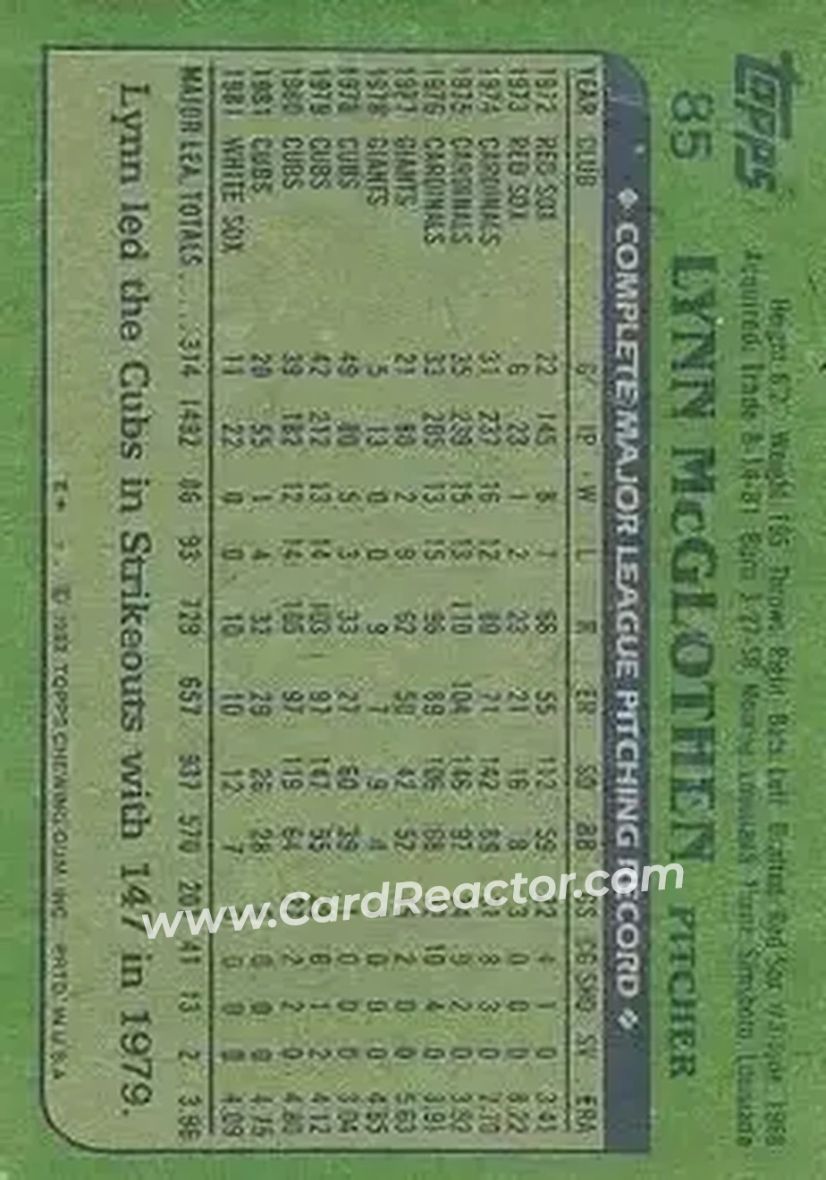 1982 Topps #85 - Lynn McGlothen - Chicago White Sox - Back