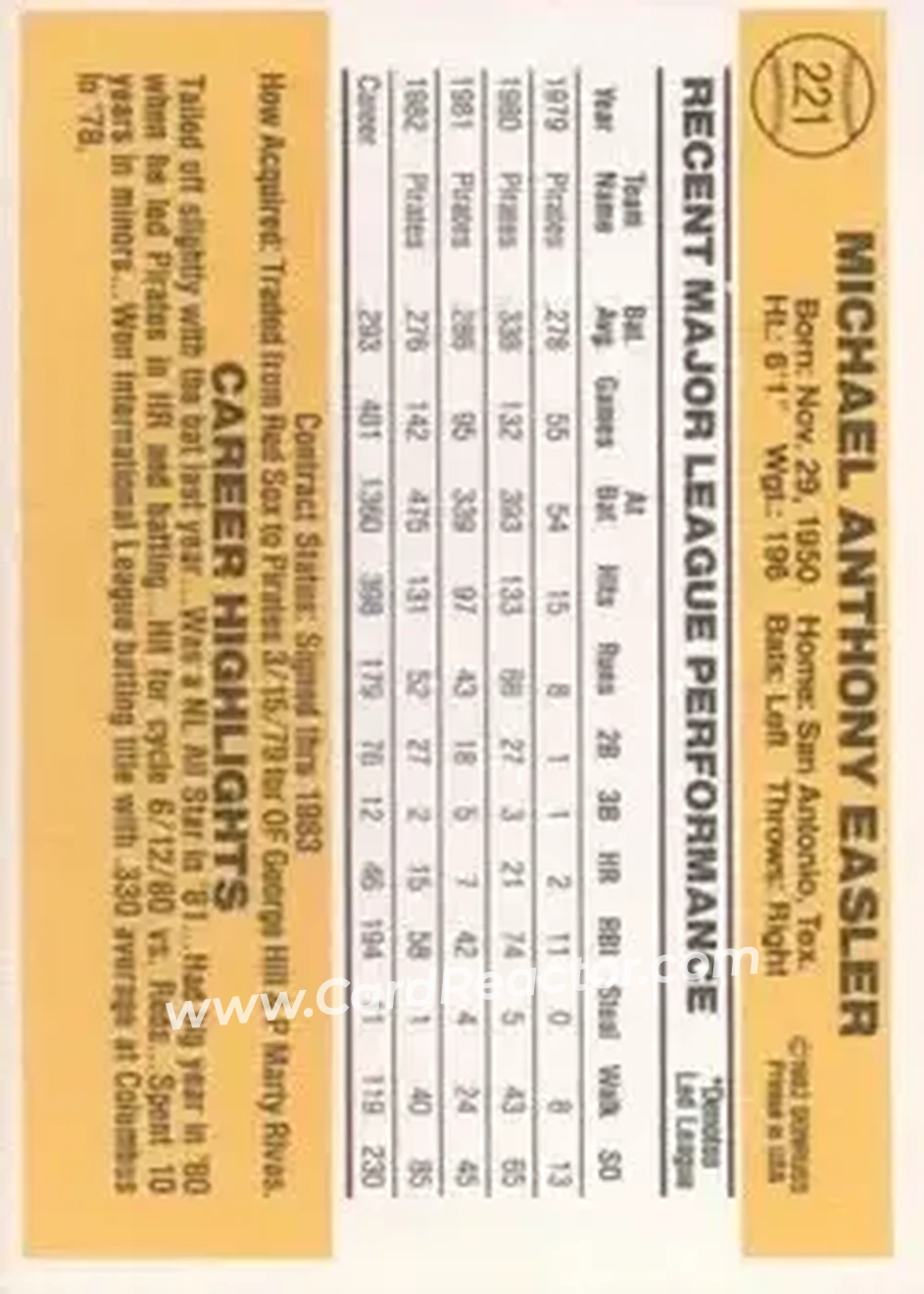 1983 Donruss #221 - Mike Easler - Pittsburgh Pirates - Back