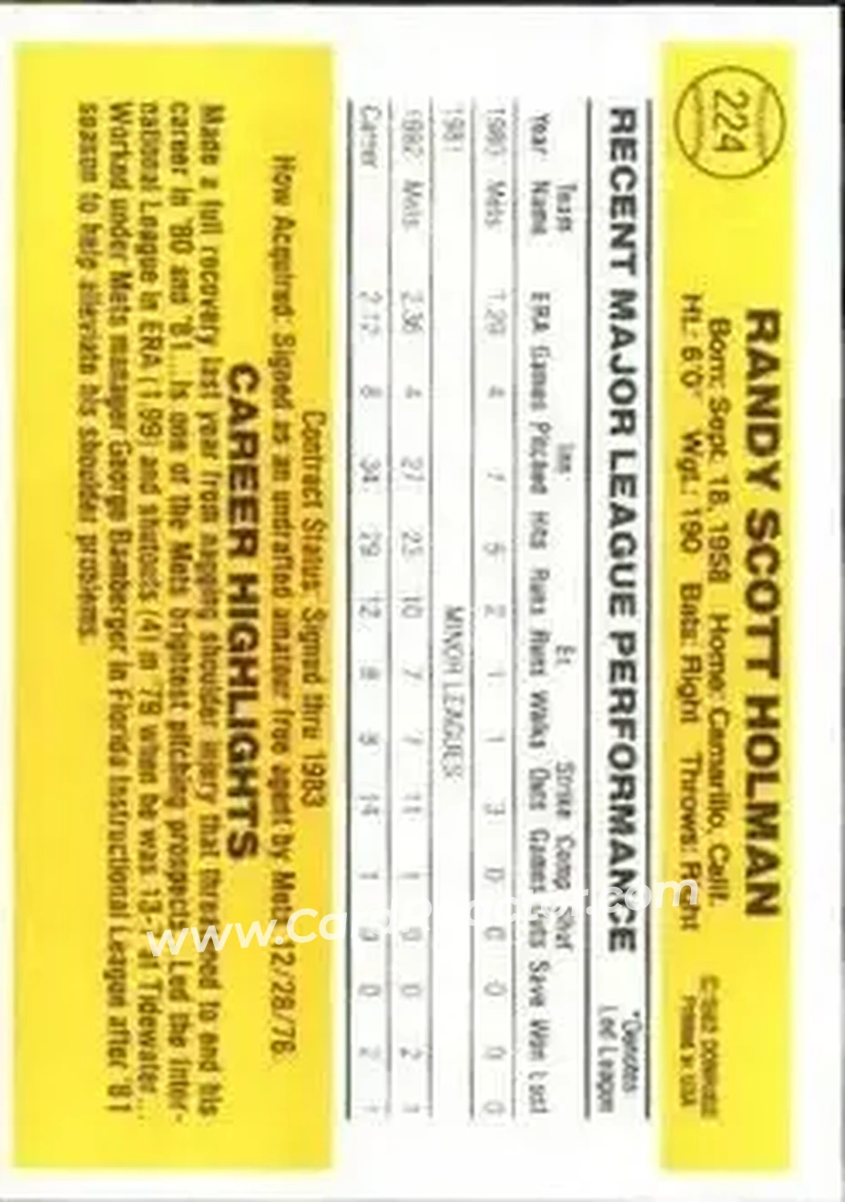 1983 Donruss #224 - Scott Holman - New York Mets - Back 1983 Donruss #224 - Scott Holman - New York Mets - Back
