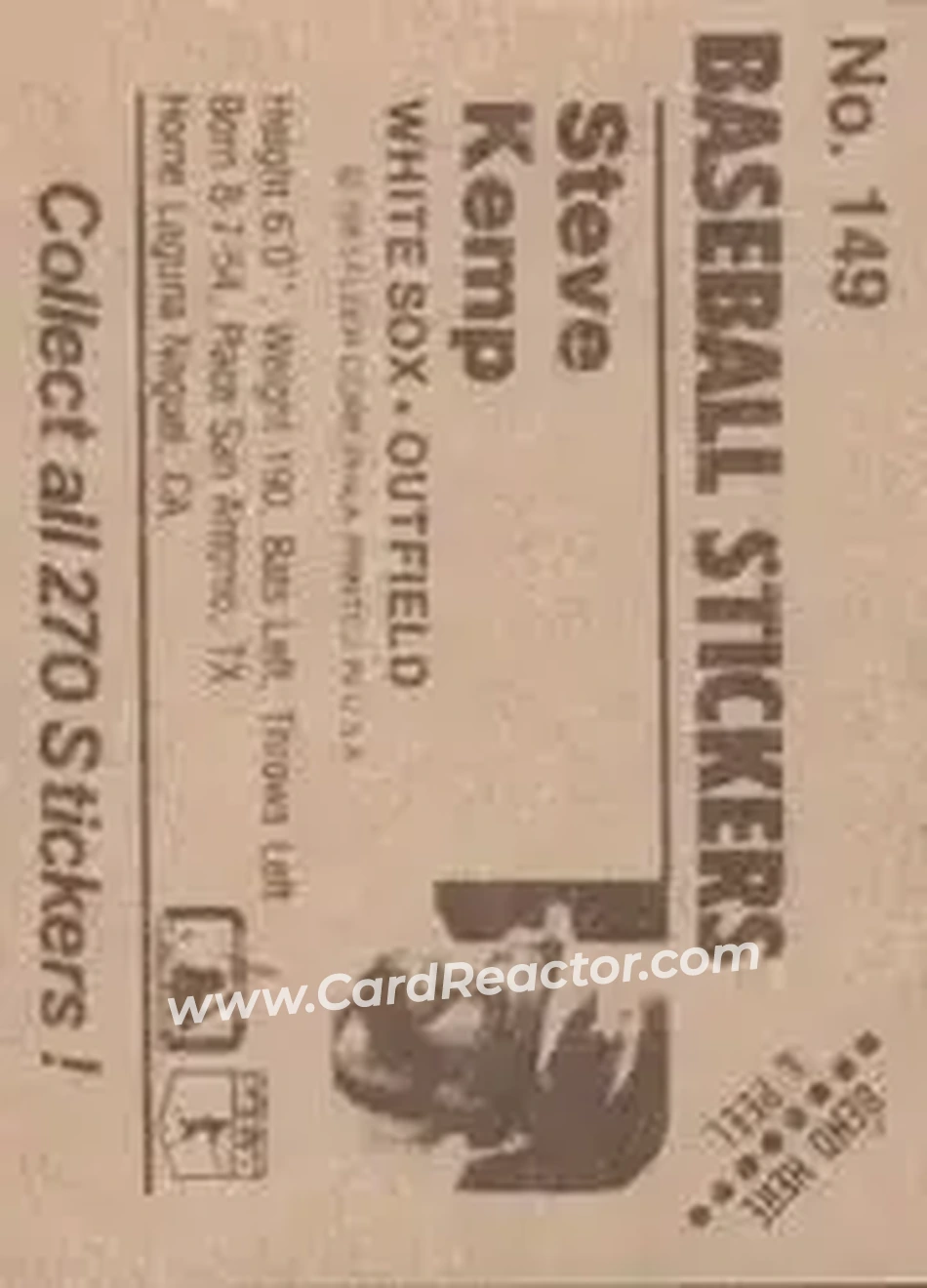1983 Fleer Star Stickers #149 - Steve Kemp - Chicago White Sox - Back 1983 Fleer Star Stickers #149 - Steve Kemp - Chicago White Sox - Back