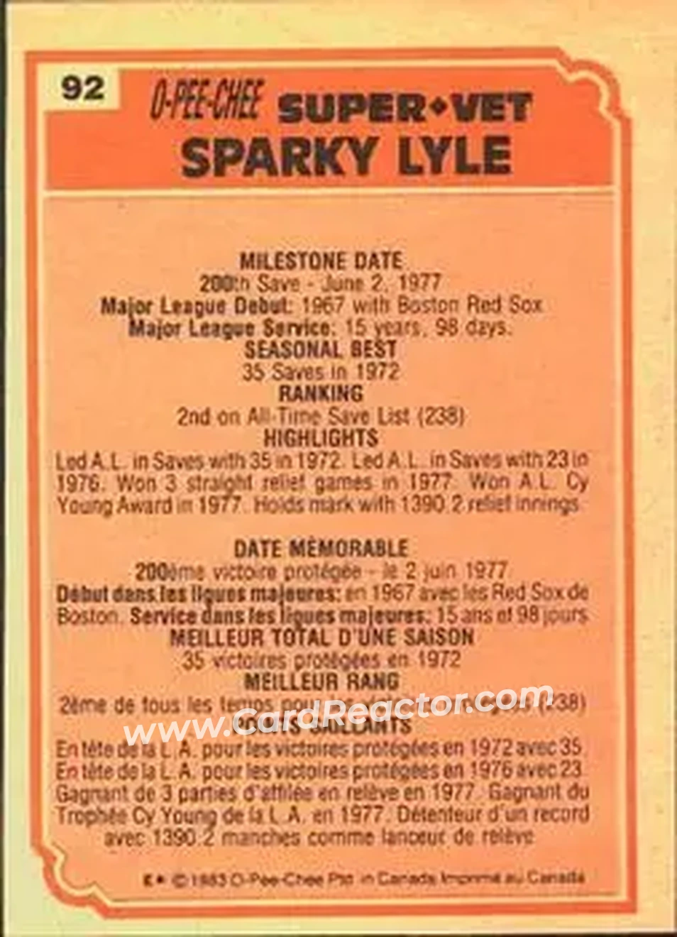1983 O-Pee-Chee #92 - Sparky Lyle - Back 1983 O-Pee-Chee #92 - Sparky Lyle - Back