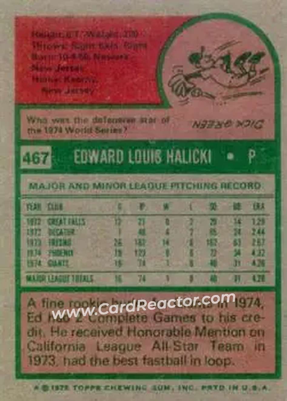 1975 Topps #467 - Ed Halicki - San Francisco Giants - Back 1975 Topps #467 - Ed Halicki - San Francisco Giants - Back