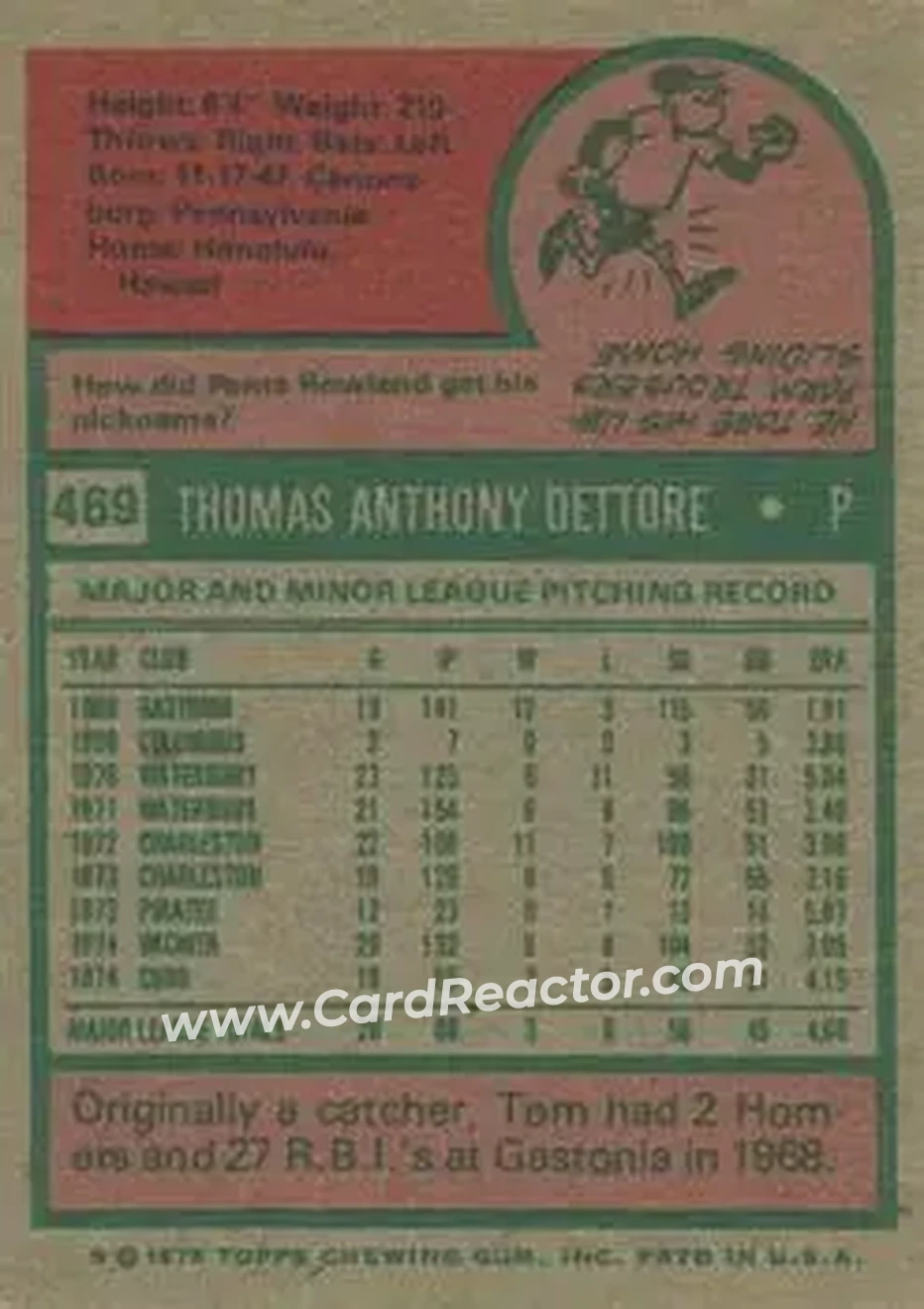1975 Topps #469 - Tom Dettore - Chicago Cubs - Back