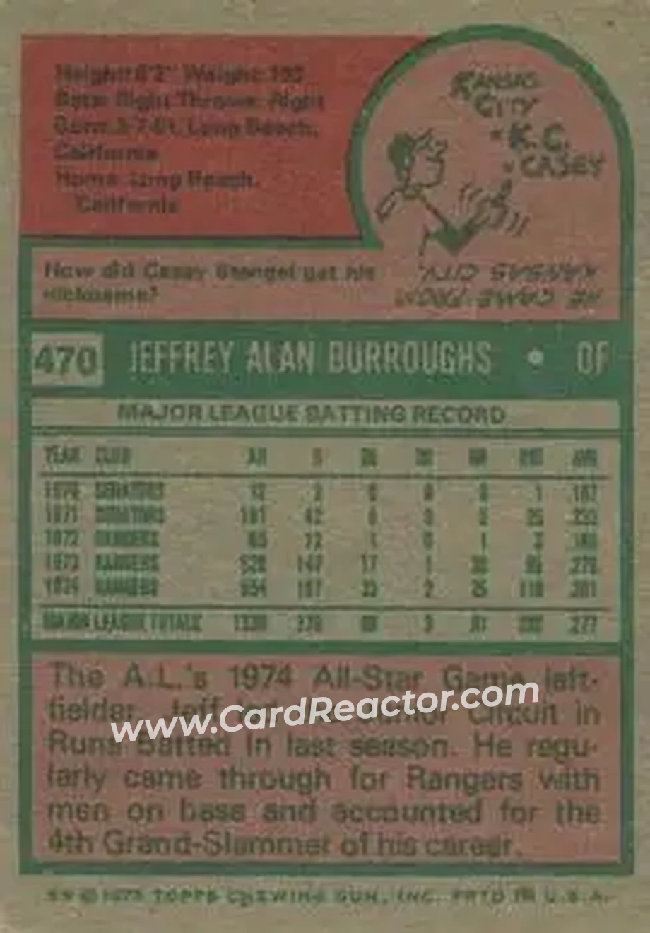 1975 Topps #470 - Jeff Burroughs - Texas Rangers - Back