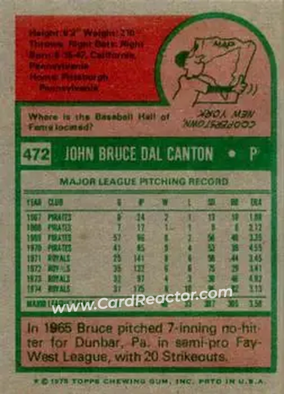 1975 Topps #472 - Bruce Dal Canton - Kansas City Royals - Back