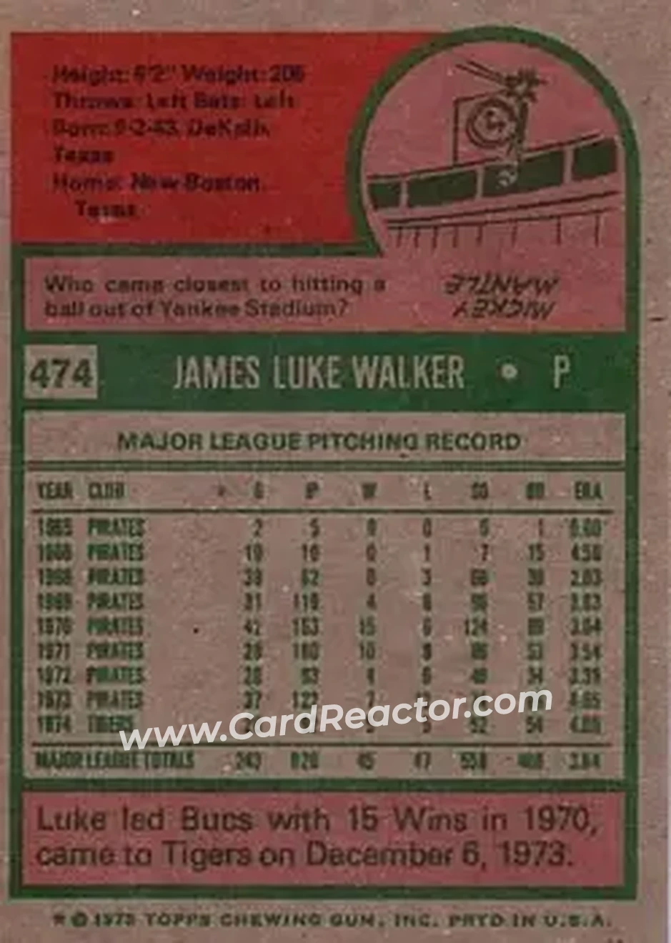 1975 Topps #474 - Luke Walker - Detroit Tigers - Back 1975 Topps #474 - Luke Walker - Detroit Tigers - Back