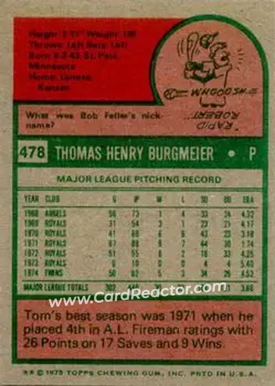 1975 Topps #478 - Tom Burgmeier - Minnesota Twins - Back 1975 Topps #478 - Tom Burgmeier - Minnesota Twins - Back