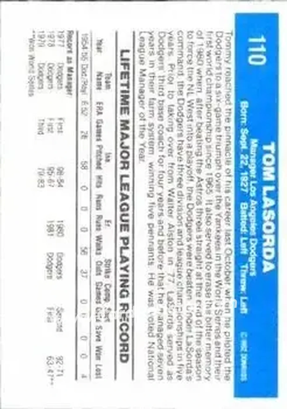 1982 Donruss #110 - Tom Lasorda - Los Angeles Dodgers - Back 1982 Donruss #110 - Tom Lasorda - Los Angeles Dodgers - Back