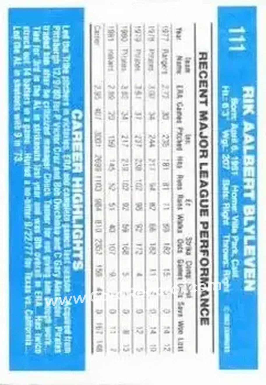 1982 Donruss #111 - Bert Blyleven - Cleveland Indians - Back