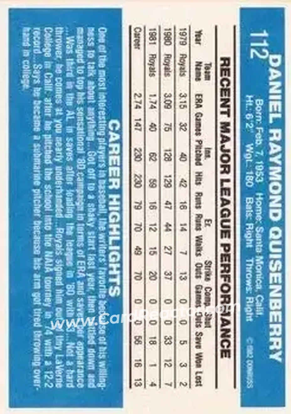 1982 Donruss #112 - Dan Quisenberry - Kansas City Royals - Back 1982 Donruss #112 - Dan Quisenberry - Kansas City Royals - Back