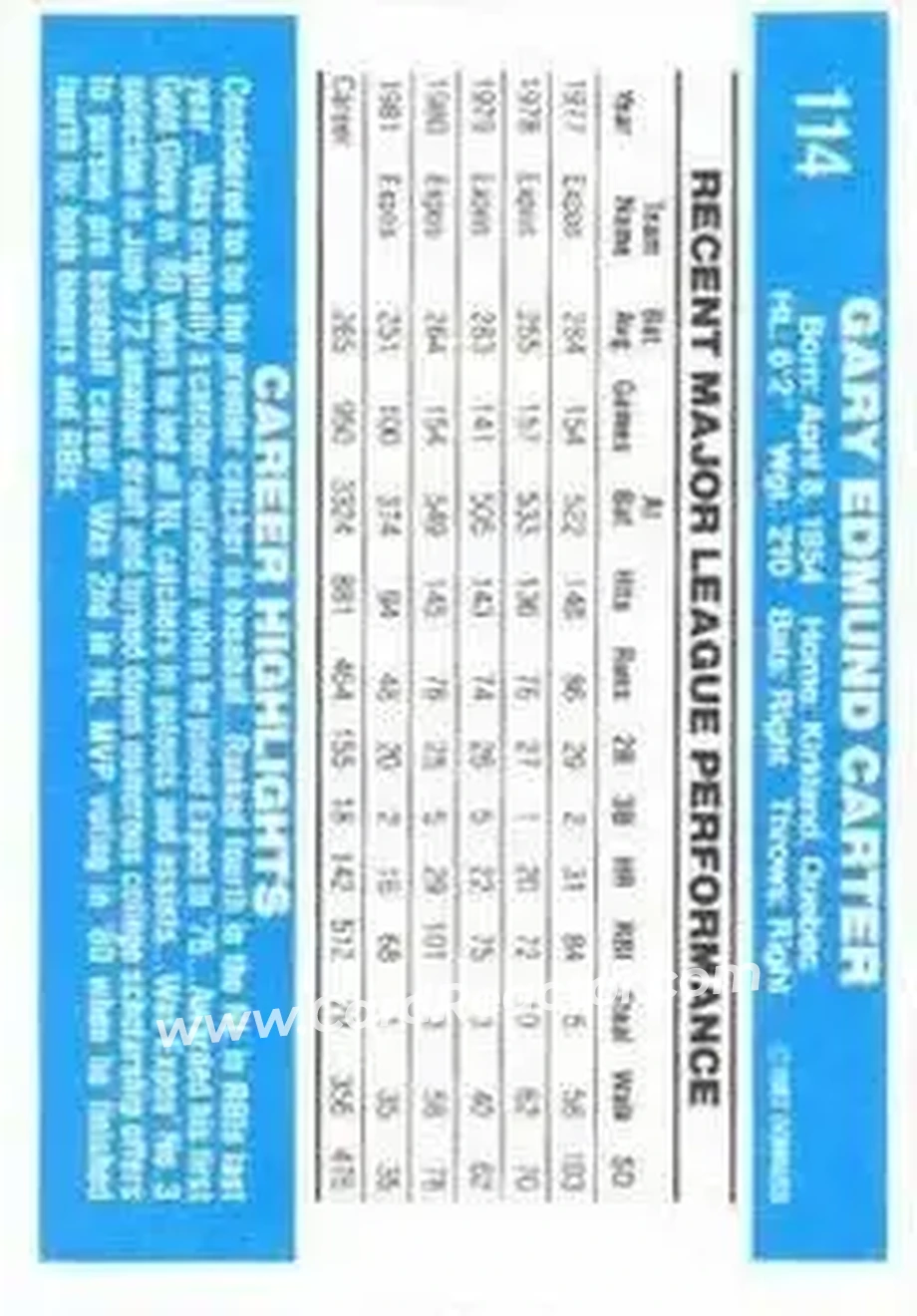 1982 Donruss #114 - Gary Carter - Montreal Expos - Back 1982 Donruss #114 - Gary Carter - Montreal Expos - Back