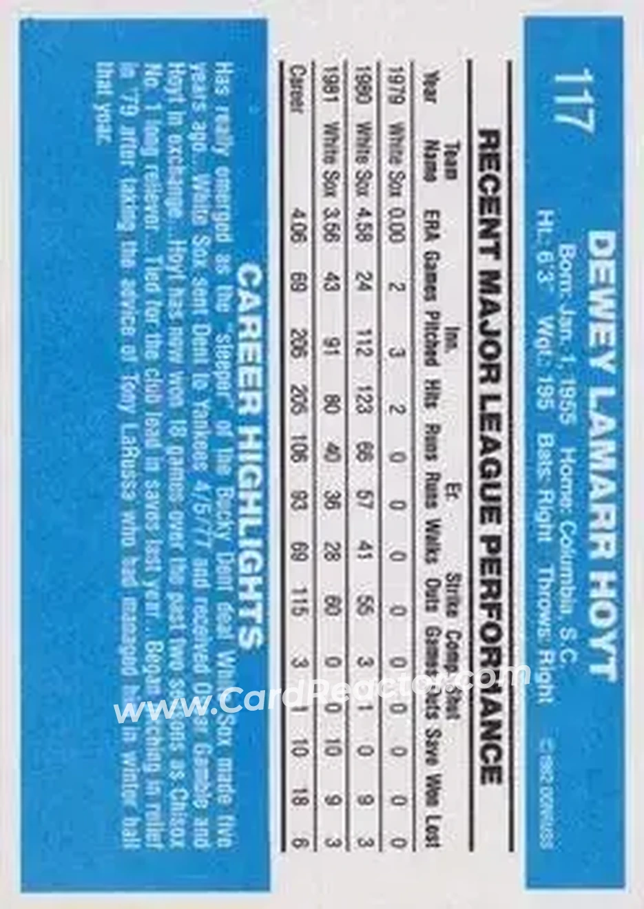 1982 Donruss #117 - LaMarr Hoyt - Chicago White Sox - Back 1982 Donruss #117 - LaMarr Hoyt - Chicago White Sox - Back