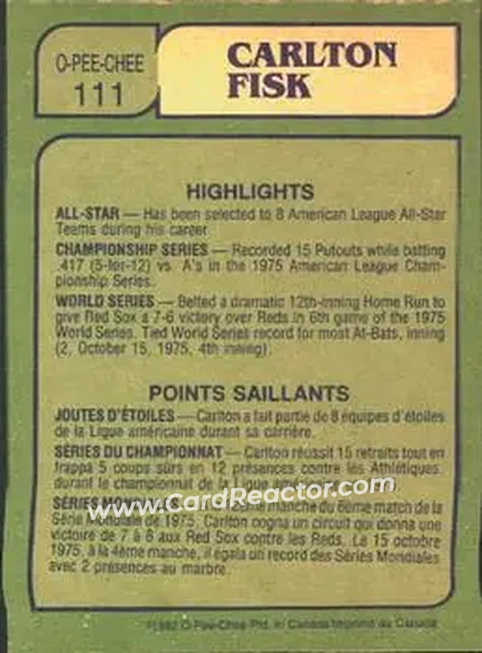 1982 O-Pee-Chee #111 - Carlton Fisk - Chicago White Sox - Back 1982 O-Pee-Chee #111 - Carlton Fisk - Chicago White Sox - Back