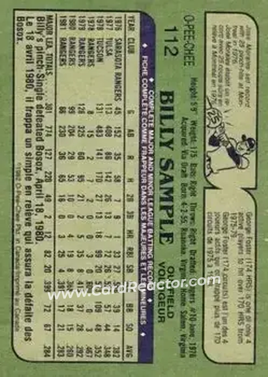 1982 O-Pee-Chee #112 - Billy Sample - Texas Rangers - Back