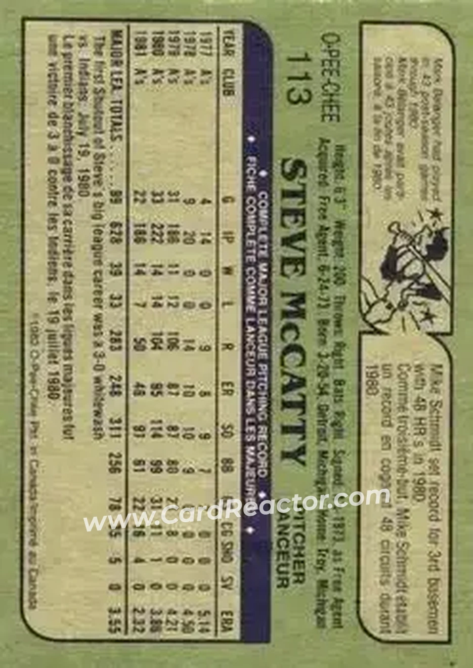 1982 O-Pee-Chee #113 - Steve McCatty - Oakland Athletics - Back 1982 O-Pee-Chee #113 - Steve McCatty - Oakland Athletics - Back