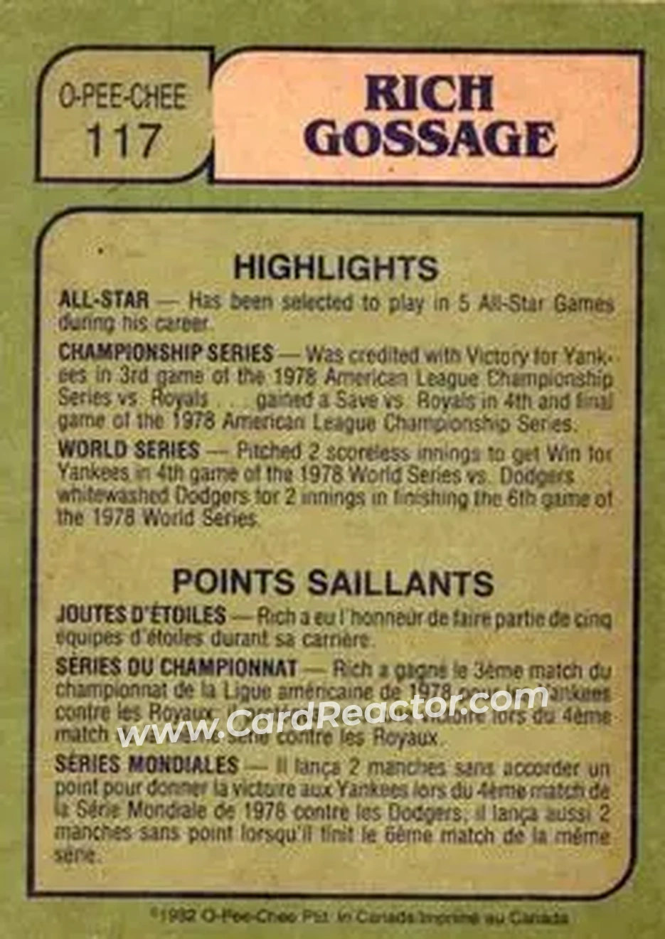 1982 O-Pee-Chee #117 - Rich Gossage - New York Yankees - Back
