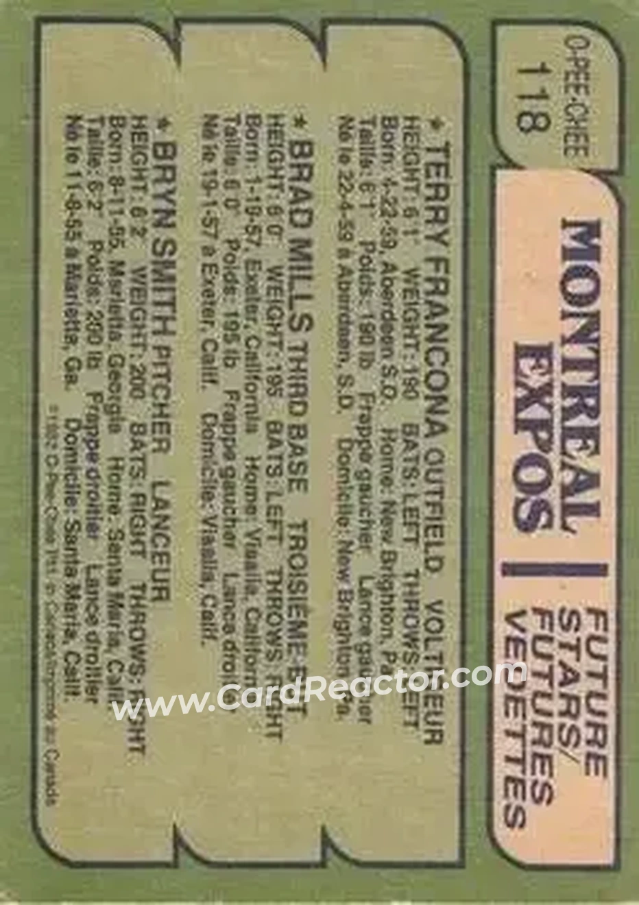 1982 O-Pee-Chee #118 - Card #118 - Montreal Expos - Back