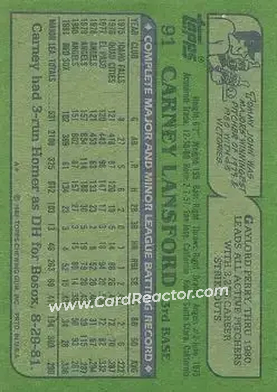 1982 Topps #91 - Carney Lansford - Boston Red Sox - Back 1982 Topps #91 - Carney Lansford - Boston Red Sox - Back
