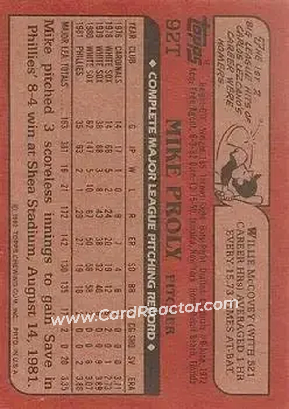 1982 Topps Traded #92T - Mike Proly - Chicago Cubs - Back 1982 Topps Traded #92T - Mike Proly - Chicago Cubs - Back