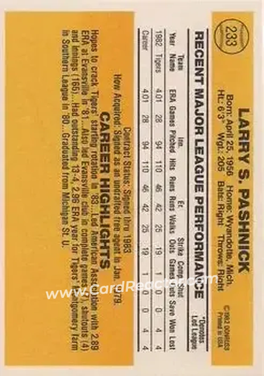 1983 Donruss #233 - Larry Pashnick - Detroit Tigers - Back 1983 Donruss #233 - Larry Pashnick - Detroit Tigers - Back